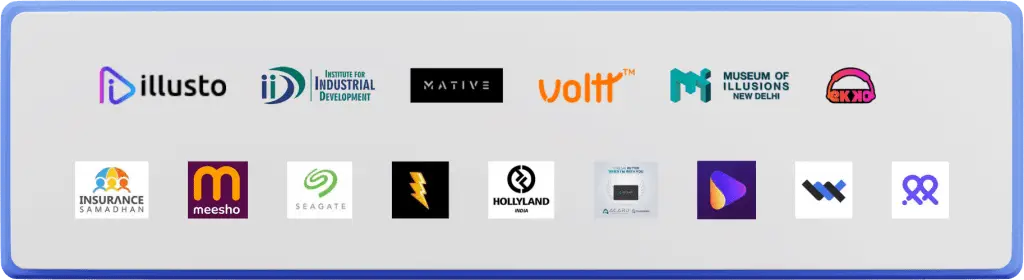 Brand logos Ashu Gandhi has collaborated with, including illusto, Mative, Volt, Museum of Illusions, Meesho, Seagate, and Hollyland